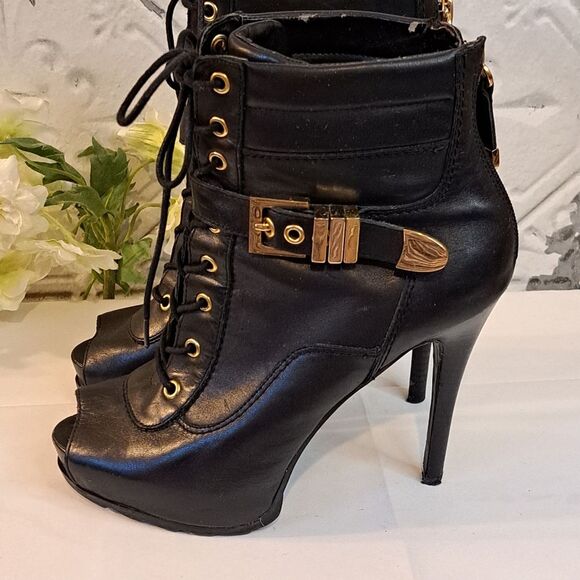 Guess Bieninda Black Leather Peep Toe High Heel Boots Buckle Details 7.5 M - Picture 8 of 15